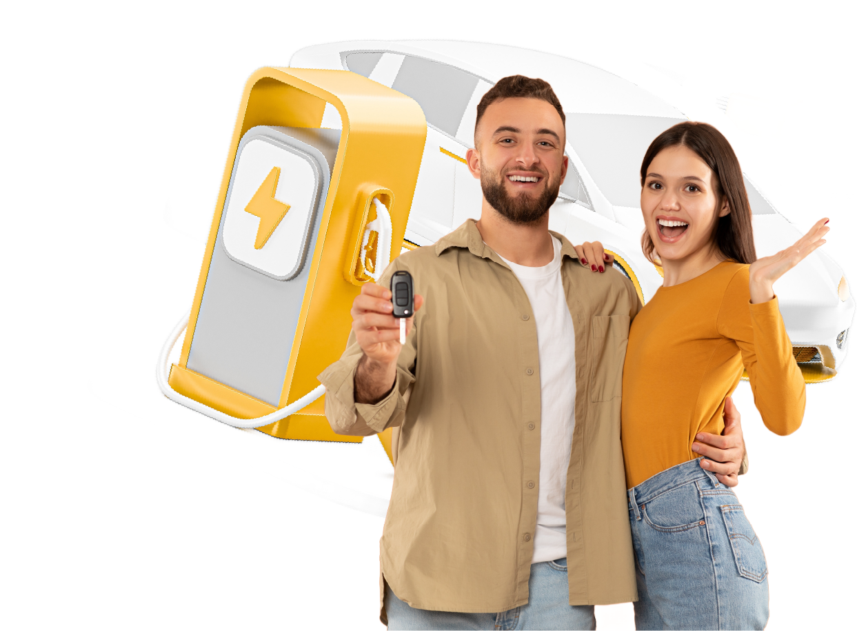 pareja feliz con carro