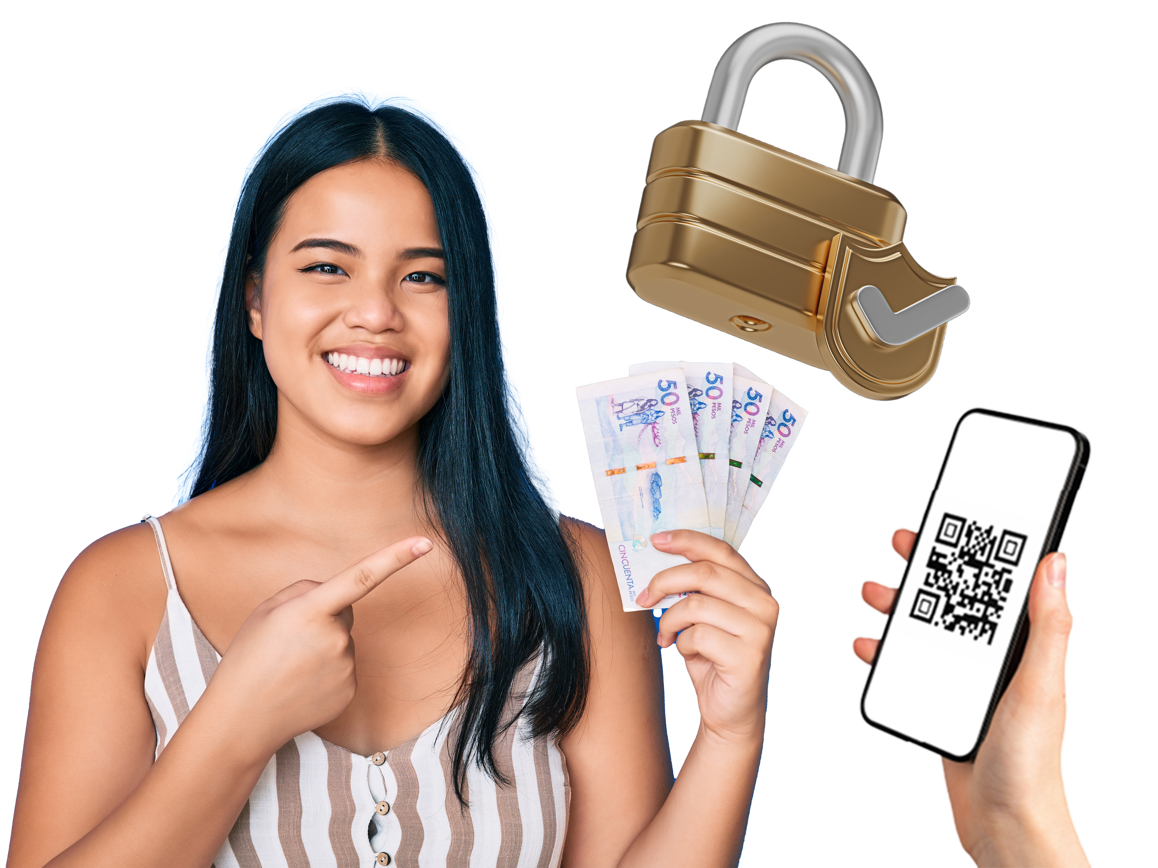 Mujer con dinero y QR