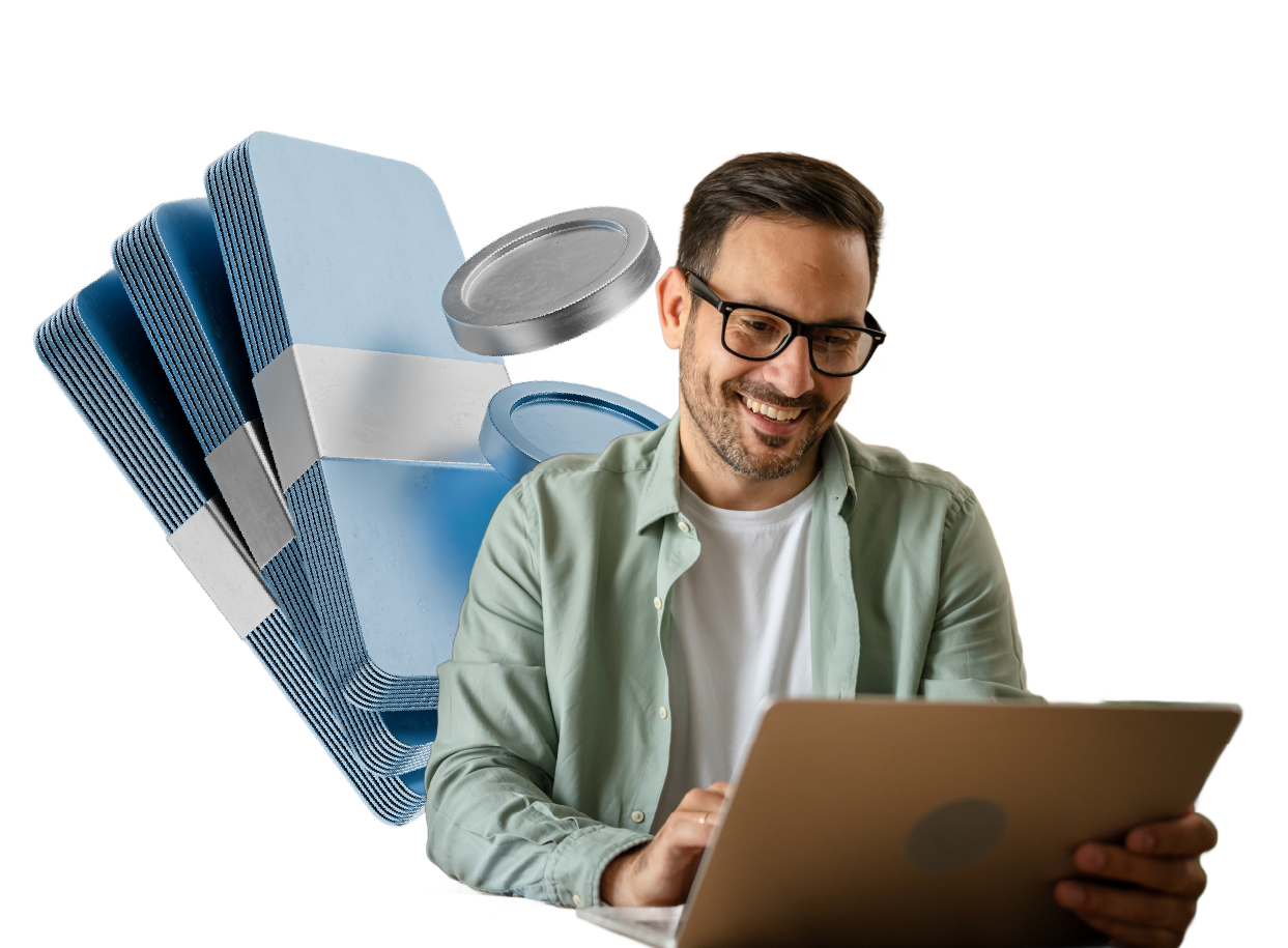 Dinero, hombre en la laptop