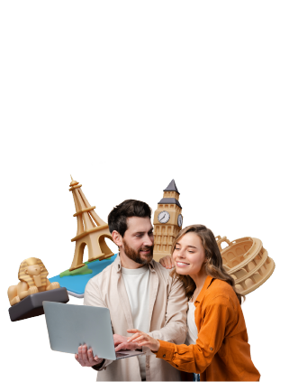 Pareja feliz en su laptop, viajes destinos turisticos
