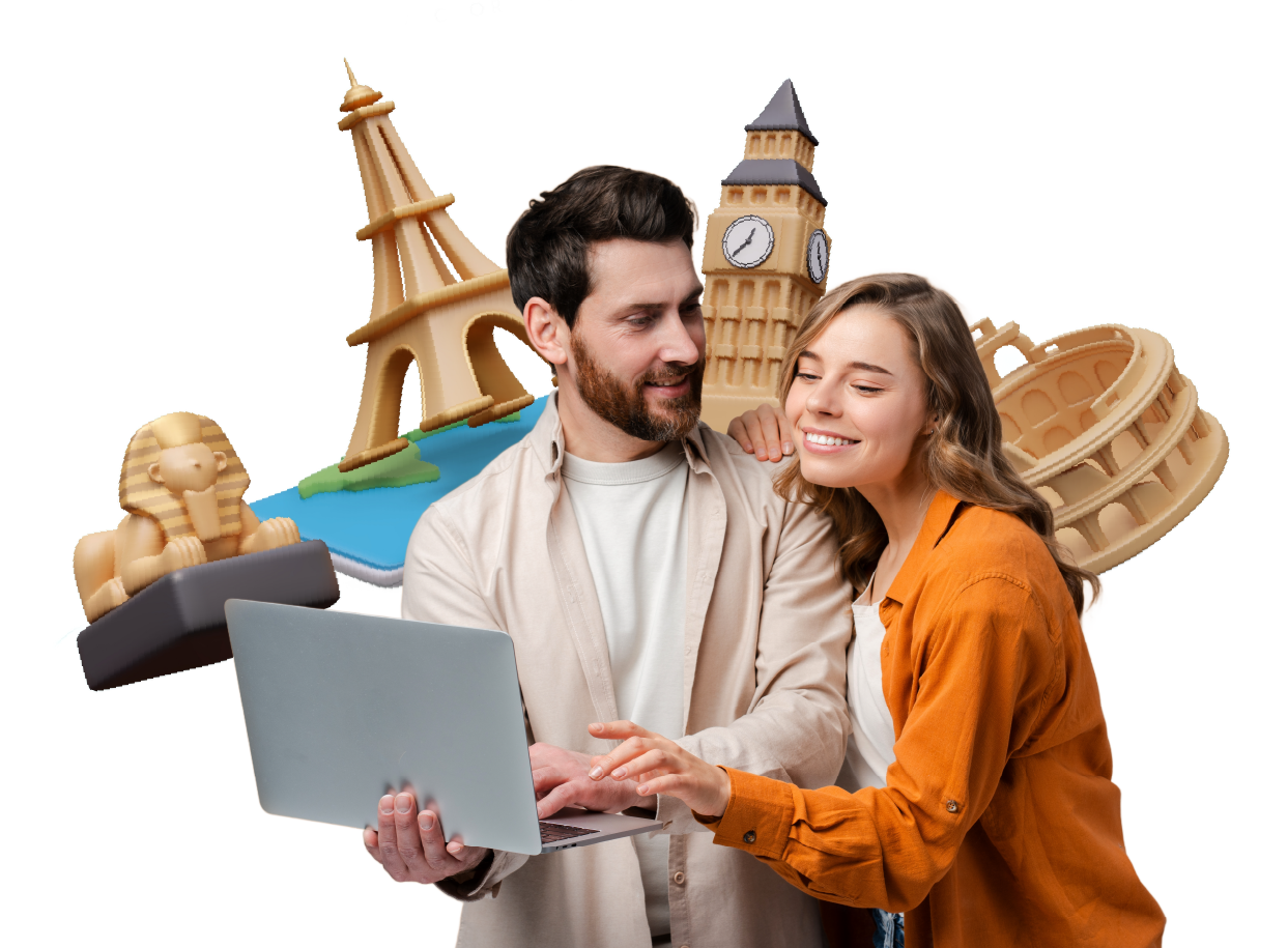 Pareja feliz en su laptop, viajes destinos turisticos