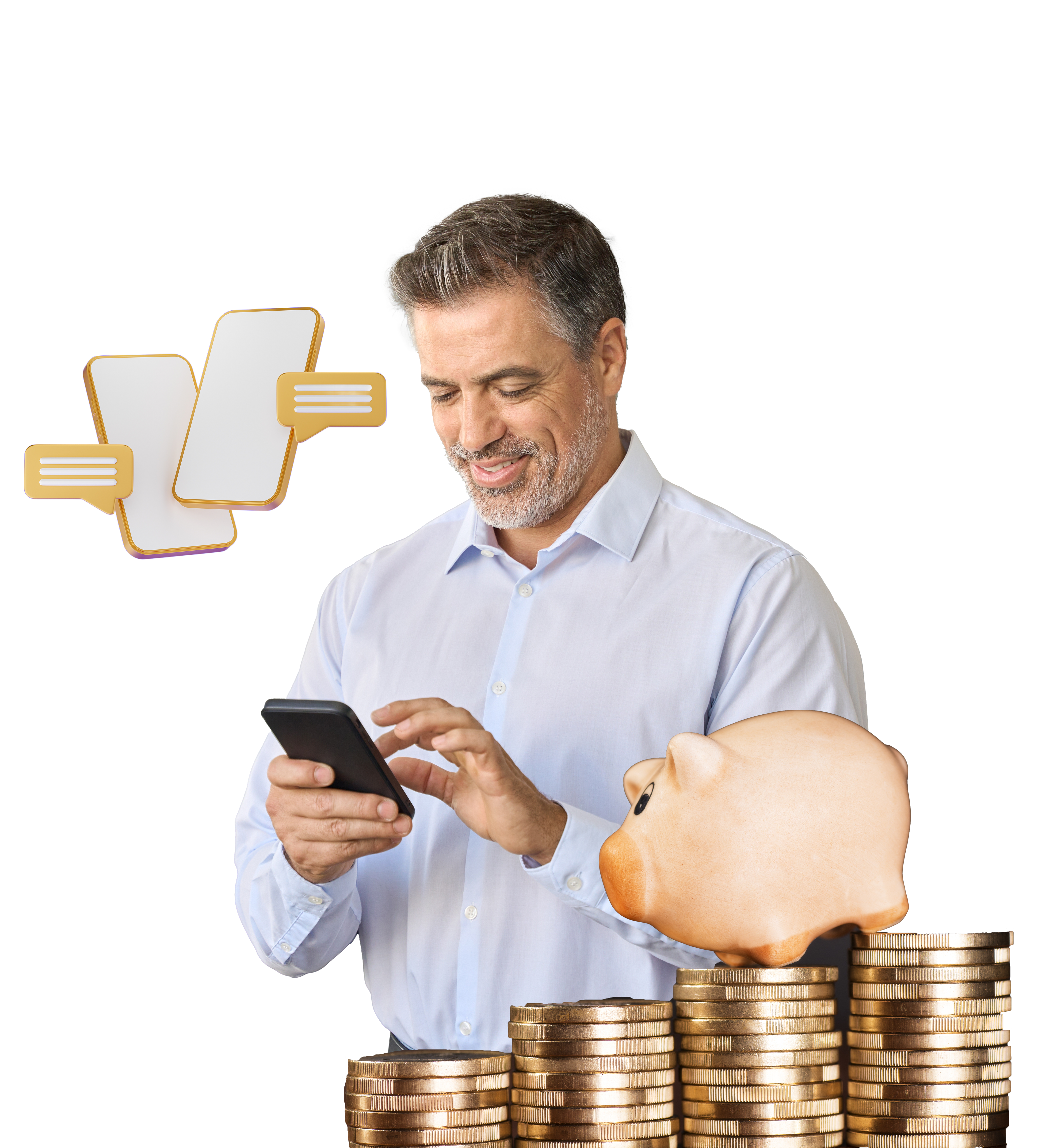 Hombre feliz, mensajes en su telefono y alcancia