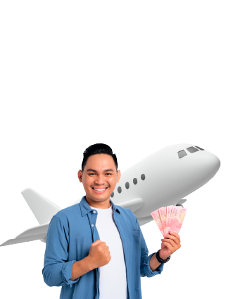 Persona con dinero y avion de fondo
