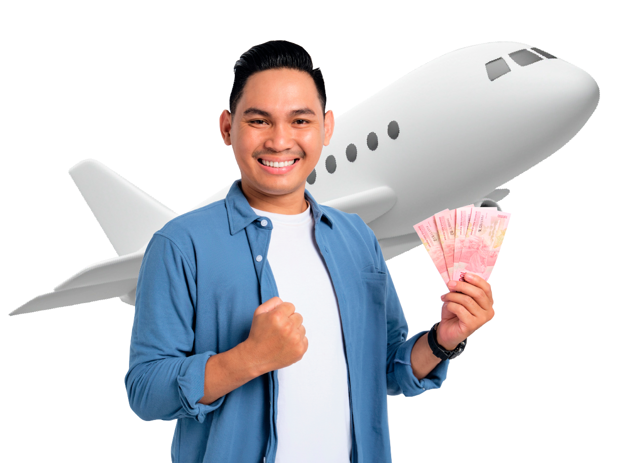 Persona con dinero y avion de fondo